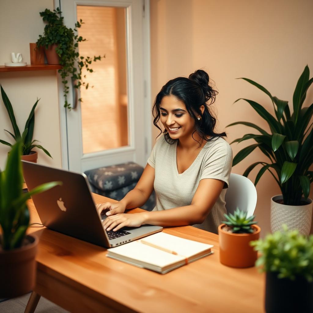 Mujer trabajando en su laptop con energía