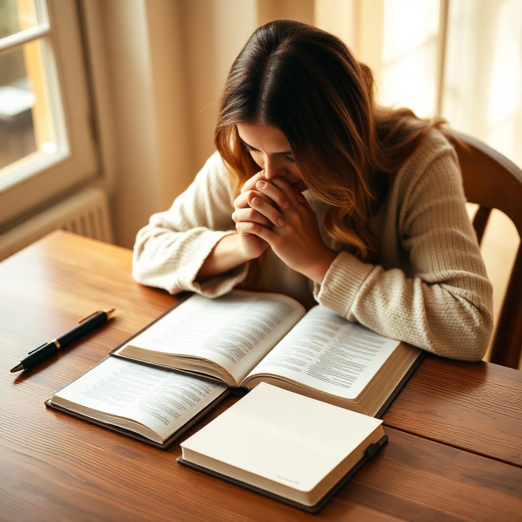 Mujer orando sobre una Biblia abierta